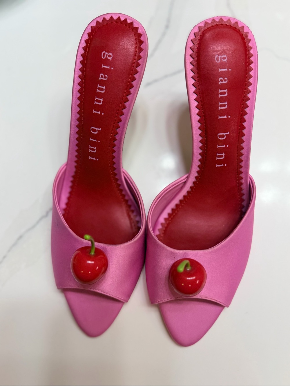 Gianni Bini Pink Satin Cherry Slide Mules